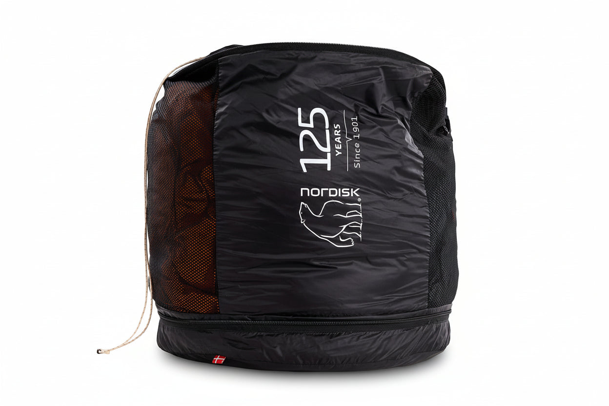 Black backpack with 'Nordisk' branding on a white background