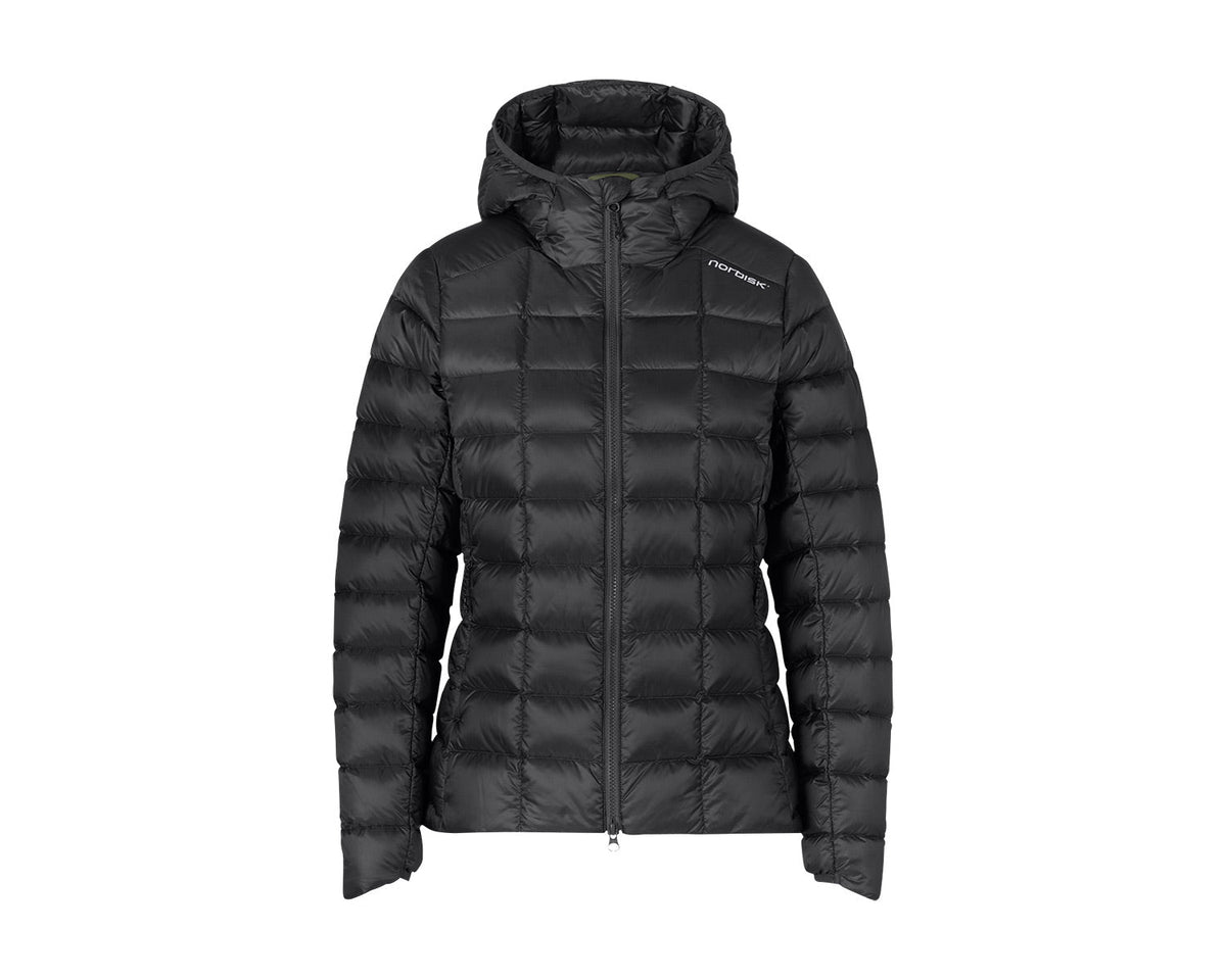 Black puffer jacket with a brand logo on a white background