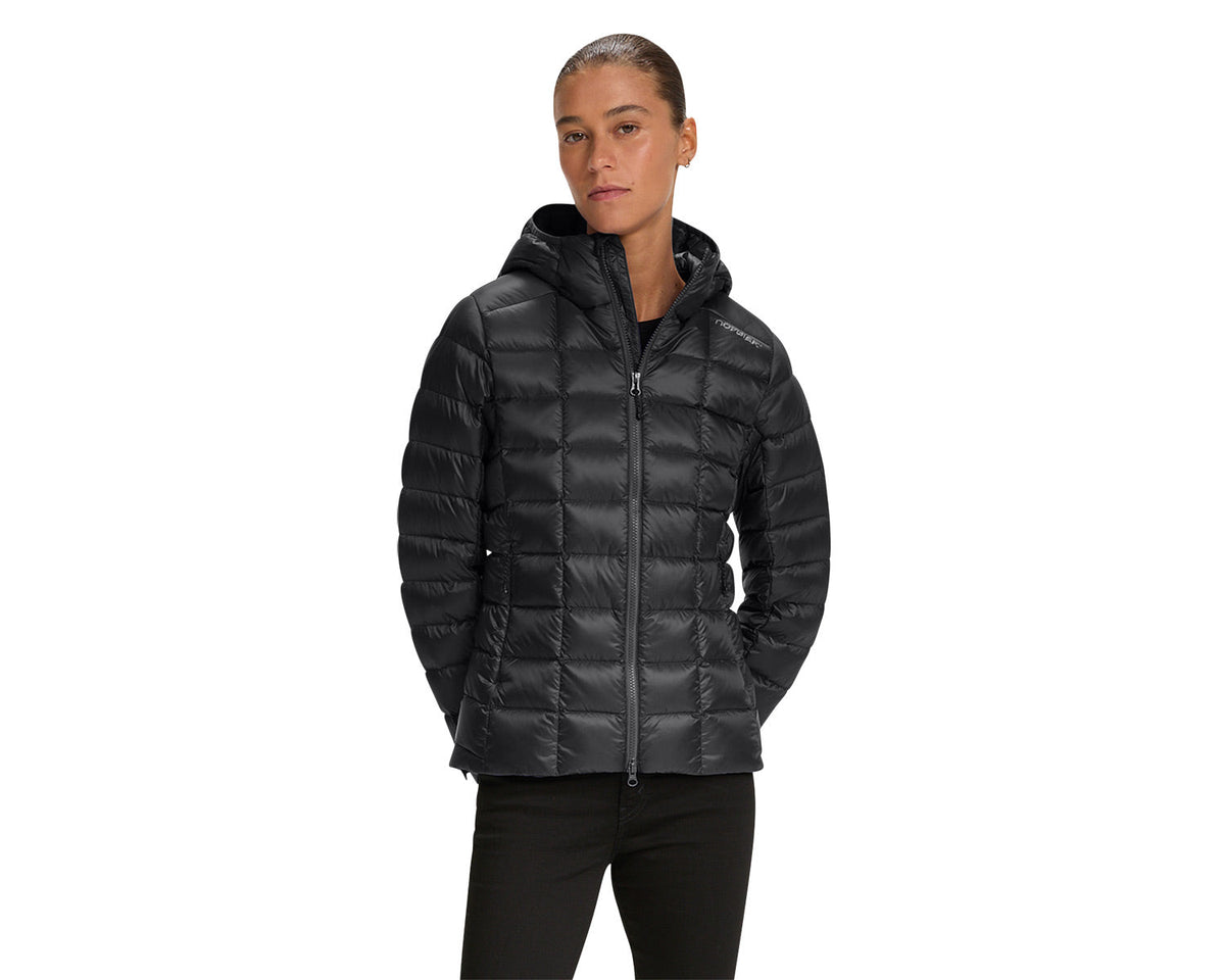 Person wearing a black puffer jacket on a white background