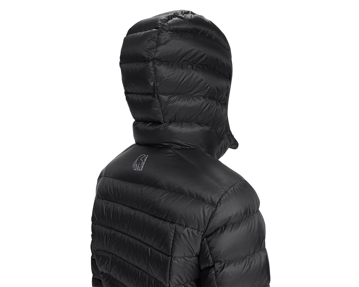 Black puffer jacket with a hood on a white background