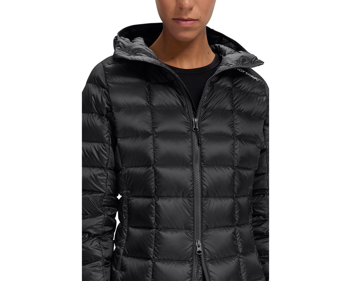 Black puffer jacket with hood on a white background