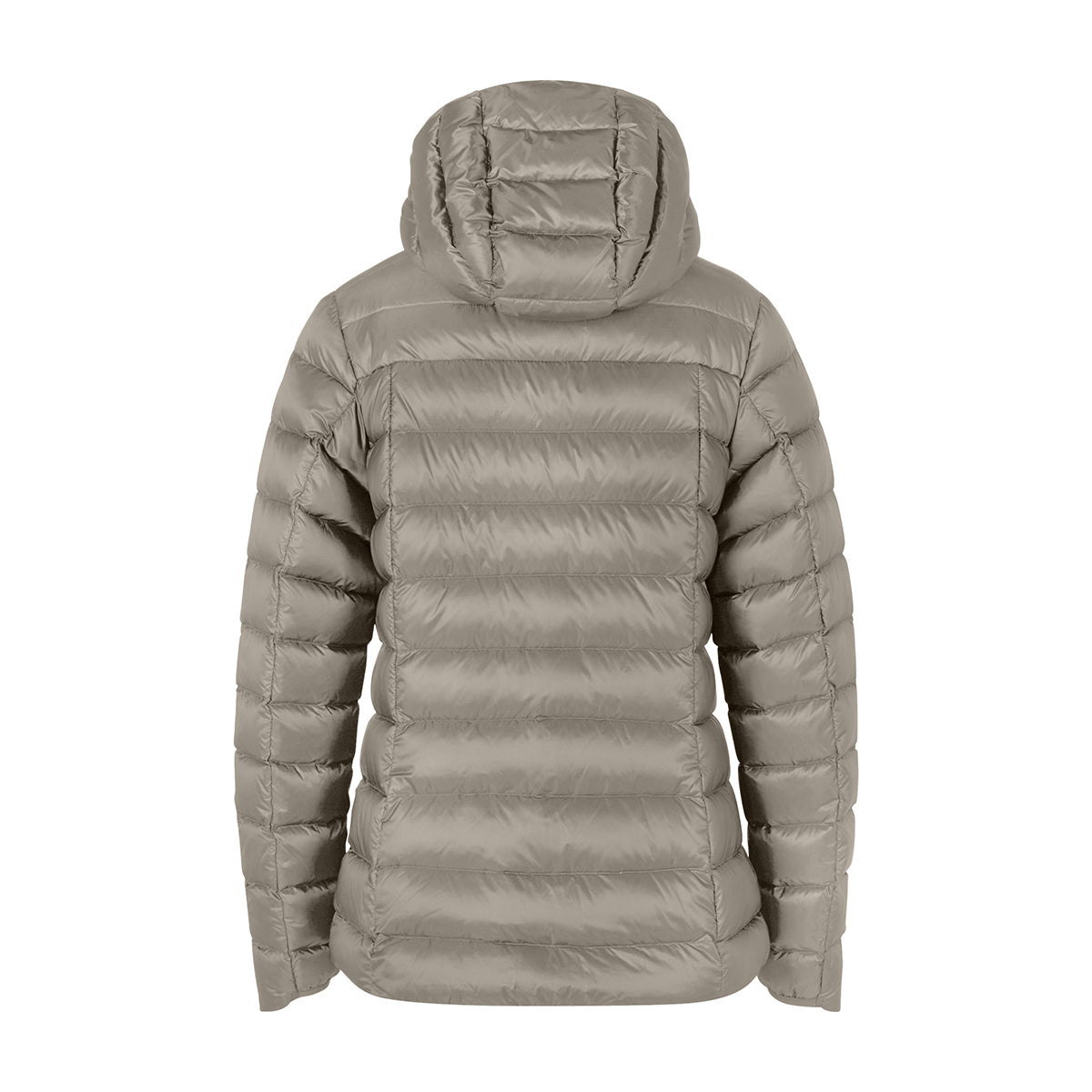 A hooded puffer jacket shown from the back, featuring horizontal quilting and a smooth, matte finish in a light taupe-gray color, set against a plain white background.