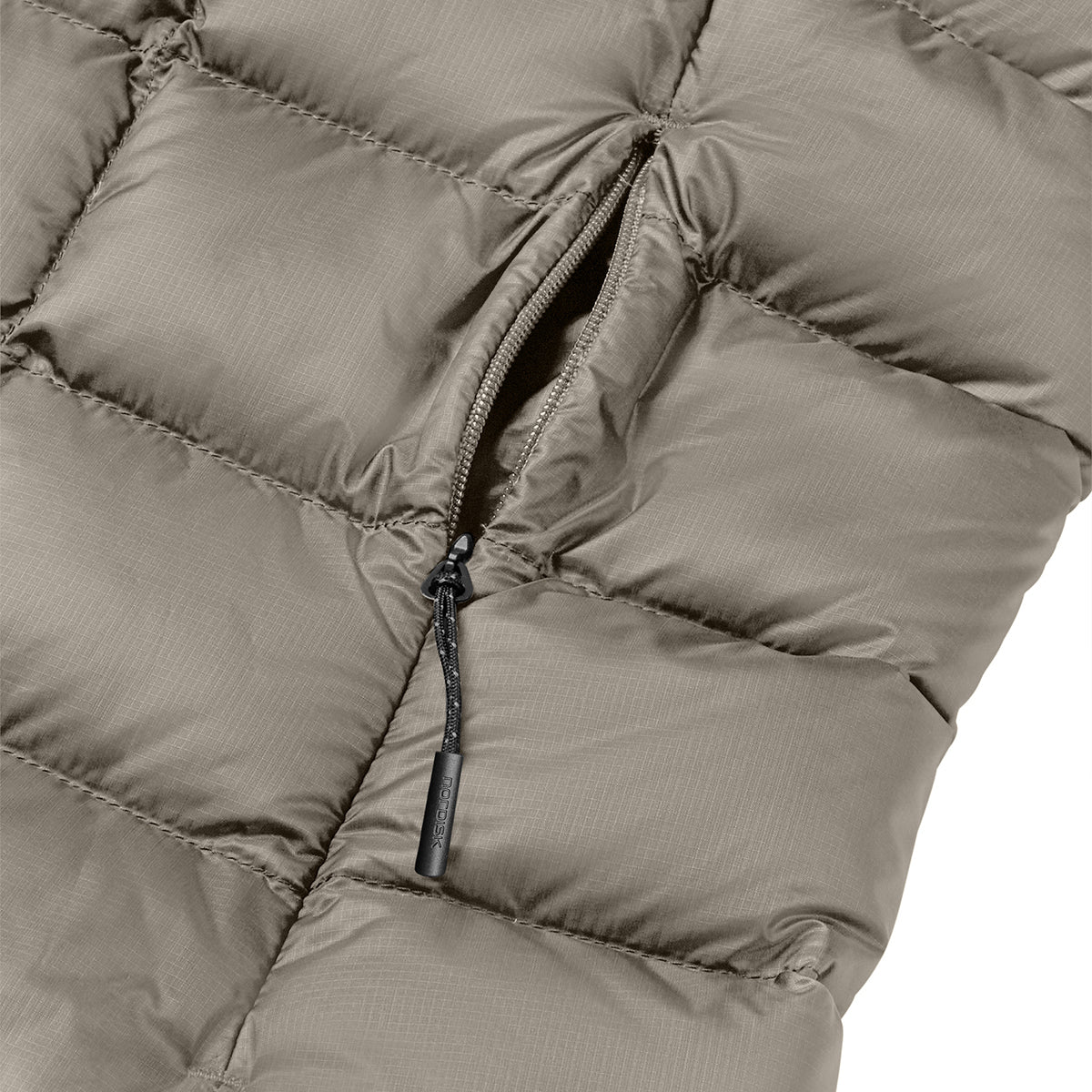 Close-up of a quilted puffer jacket in a warm taupe-gray color, showing the texture of the fabric and a black zipper pull.