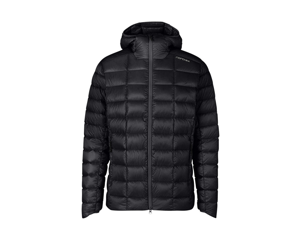 Black puffer jacket with a brand logo on a white background