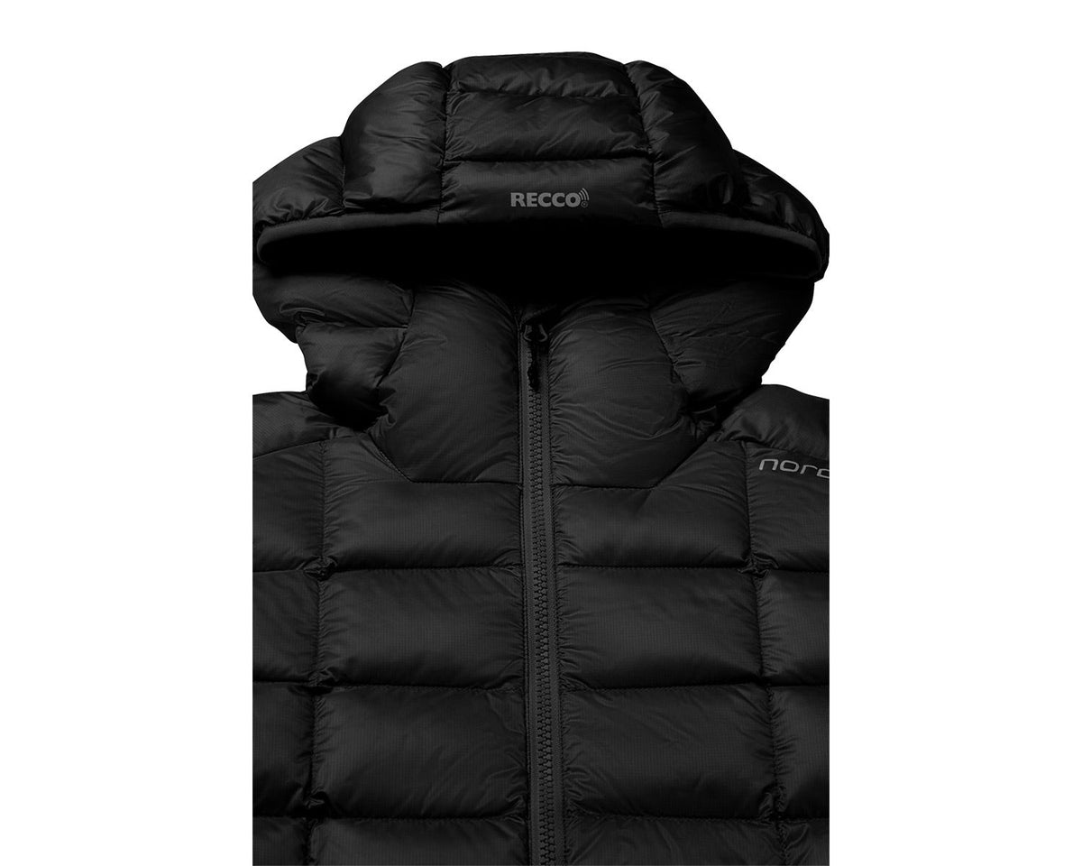 Black puffer vest with hood on a white background