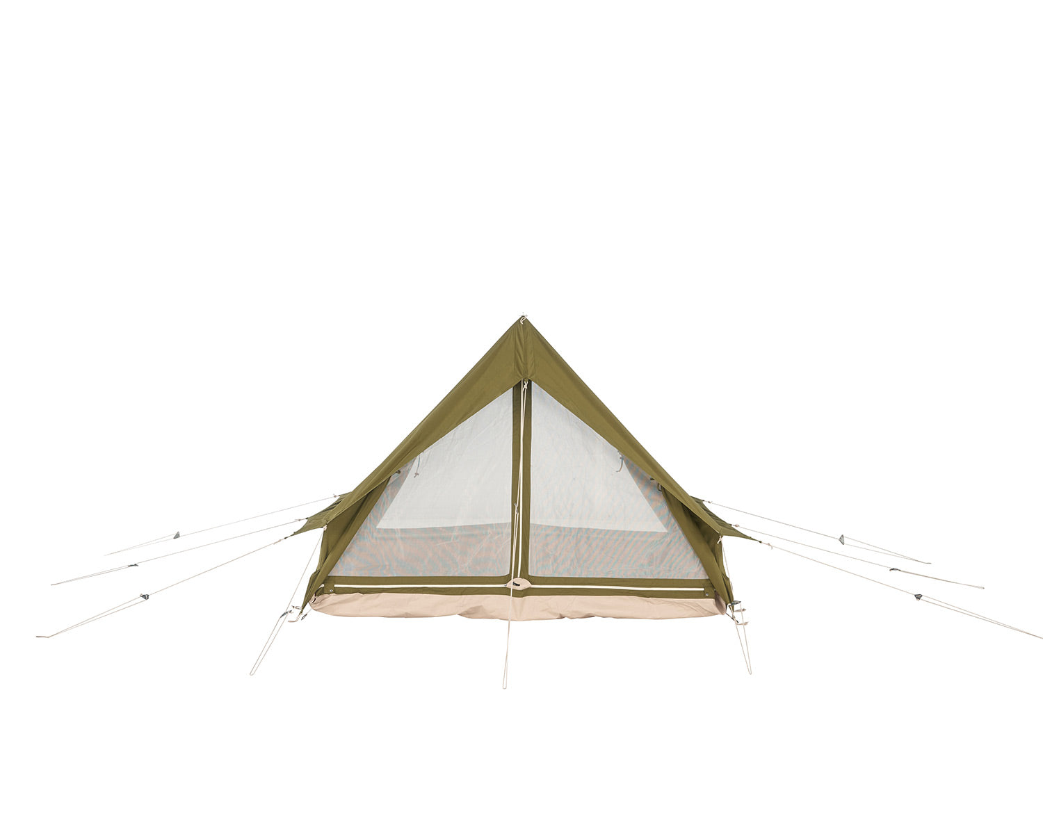 Green pyramid-shaped tent with mesh window on a white background