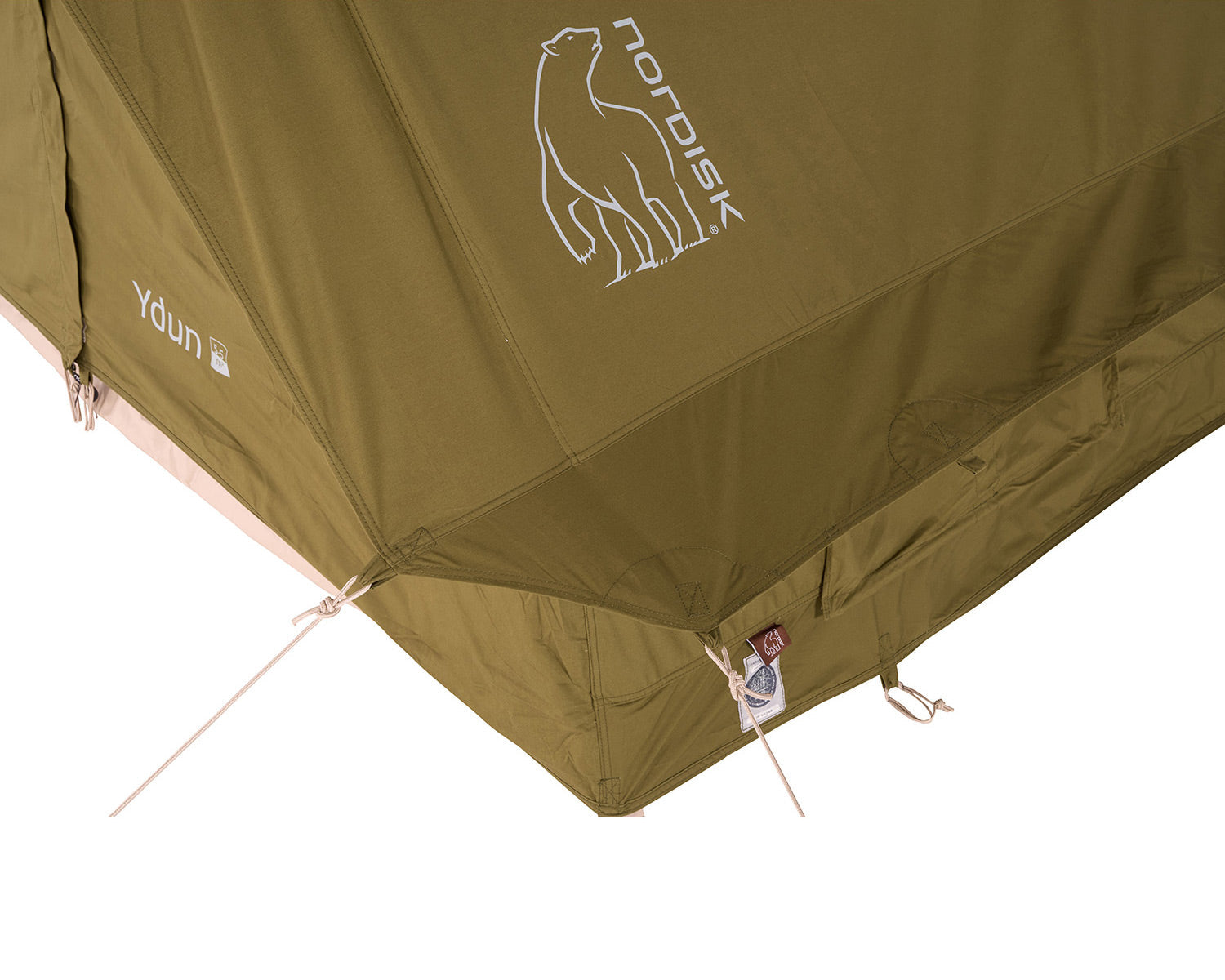 Green camping tent with Nordisk logo on a white background