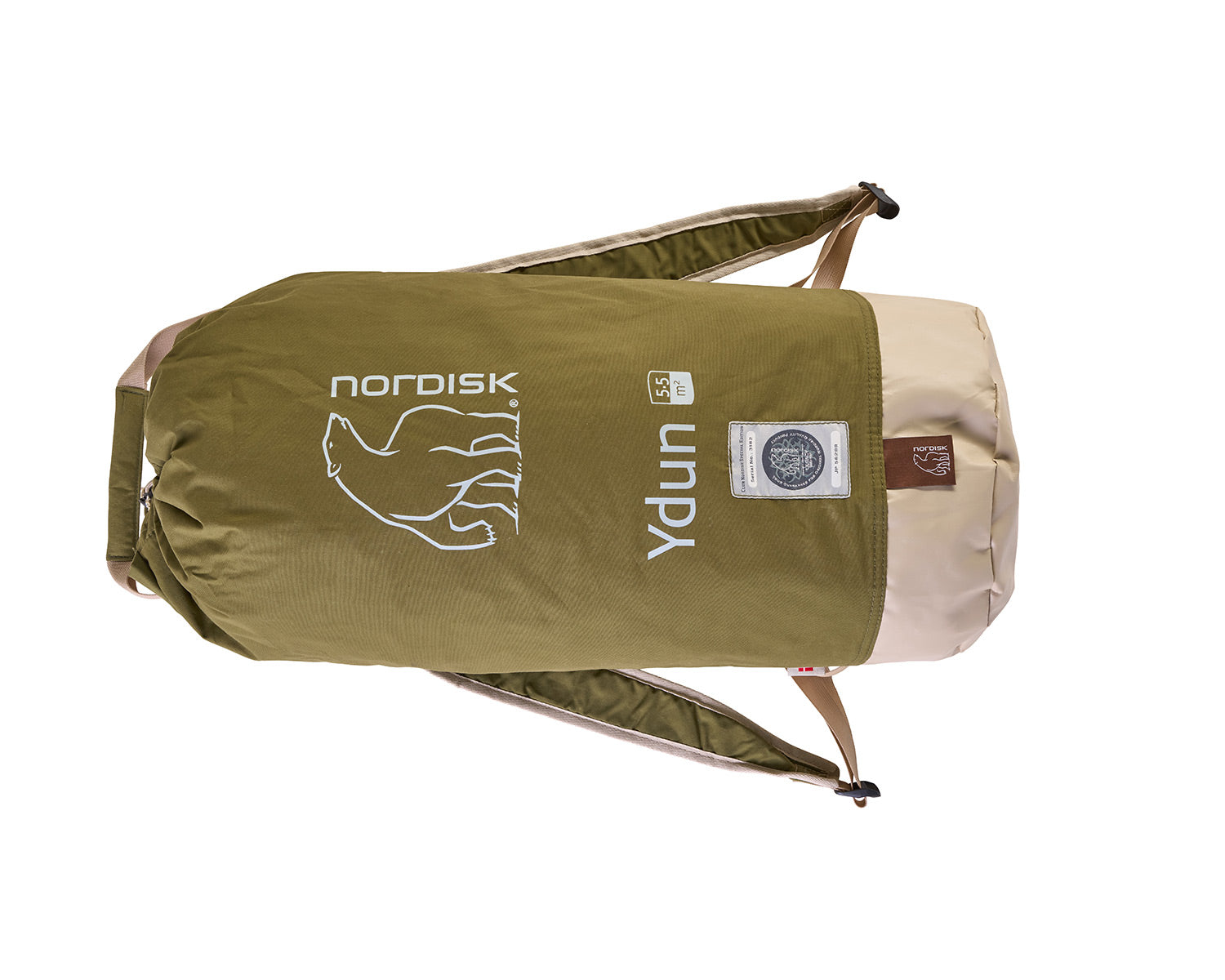 Green and beige sleeping bag with Nordisk and Ydun branding on a white background