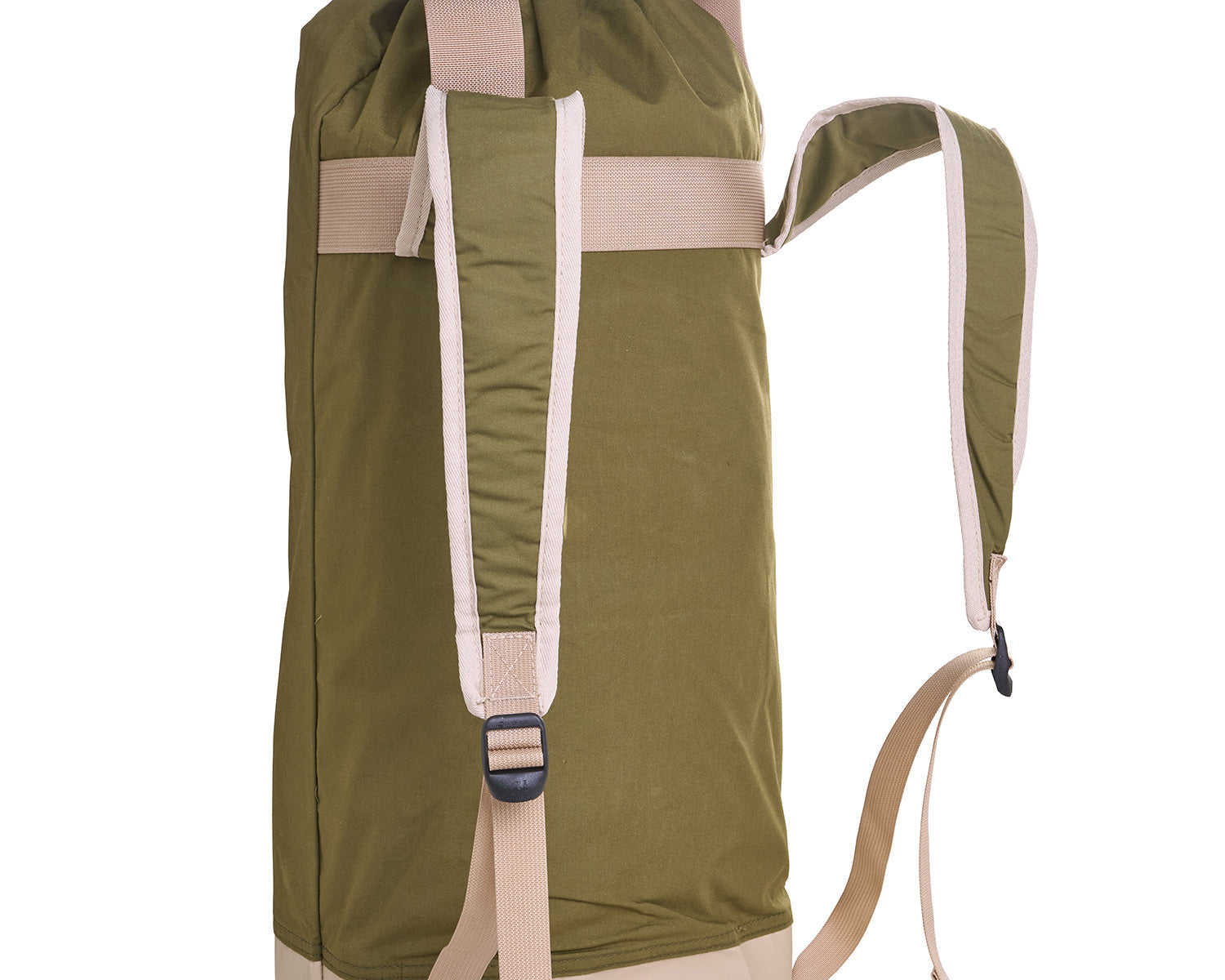 Green backpack with beige straps on a white background