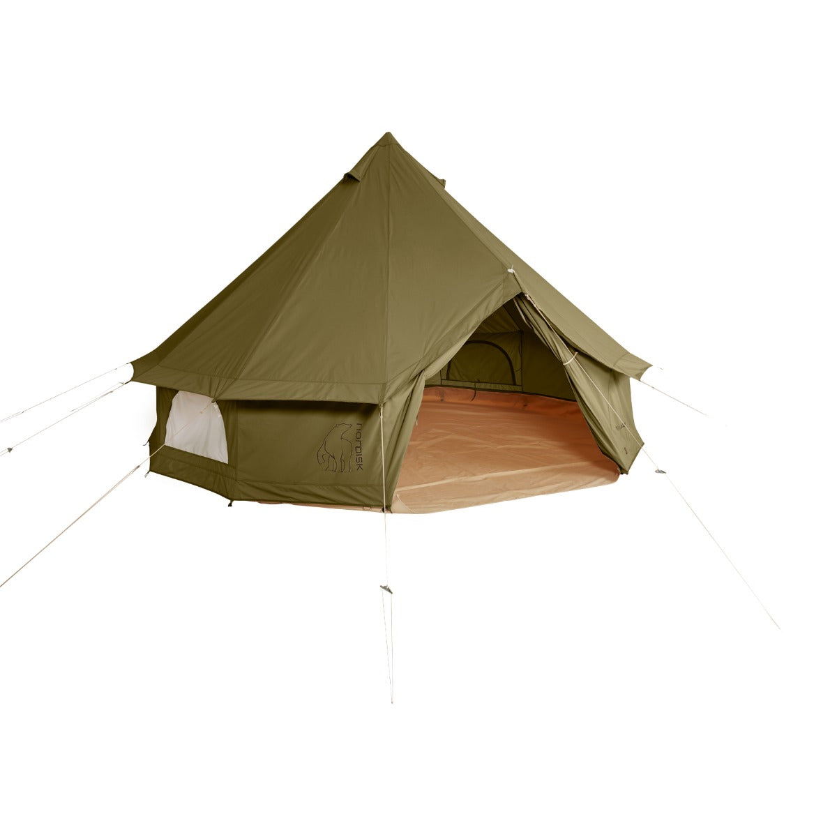 An olive green bell tent with a tan interior floor, shown open against a plain white background.