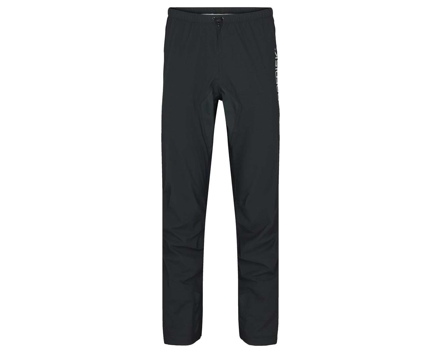 A pair of black stretchable 3-layer pants designed for all-weather protection, featuring durable reinforcements, long side zips, velcro adjustments, and reflective details.
