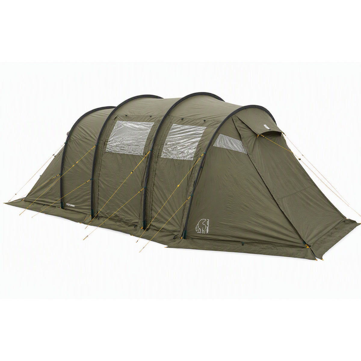 An olive green multi-person camping tent with multiple arched sections, clear window panels, and guy lines, shown on a plain white background.