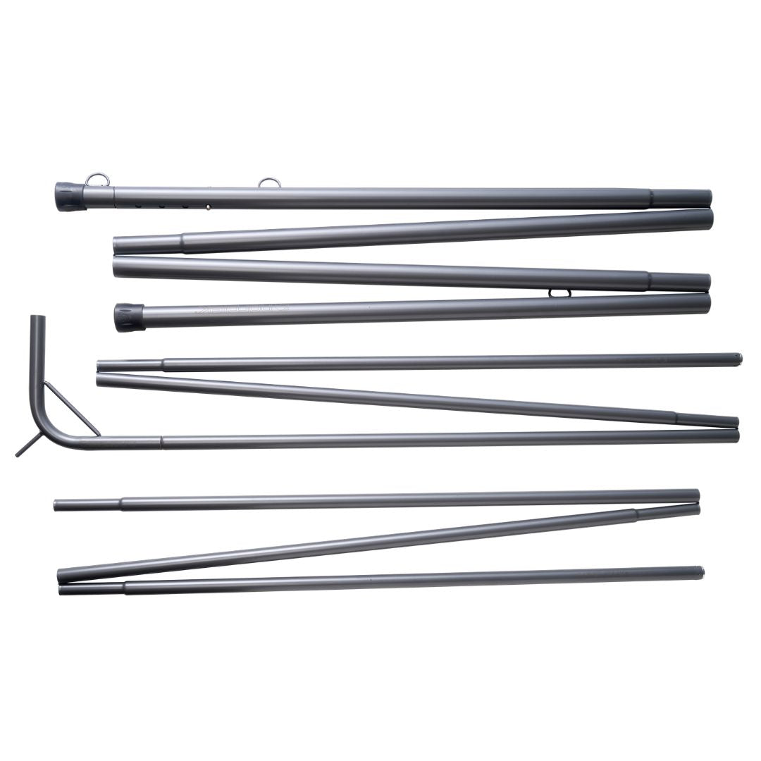 A set of dark gray metal tent poles arranged flat on a white background, including a L-shaped pole section and several straight telescoping poles.
