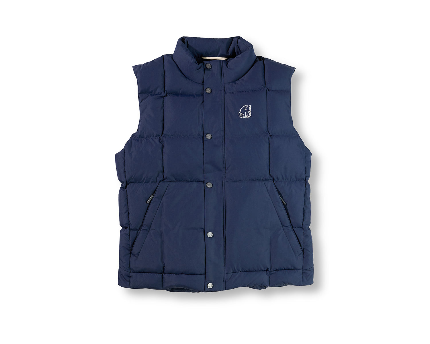Navy blue puffer vest on a white background