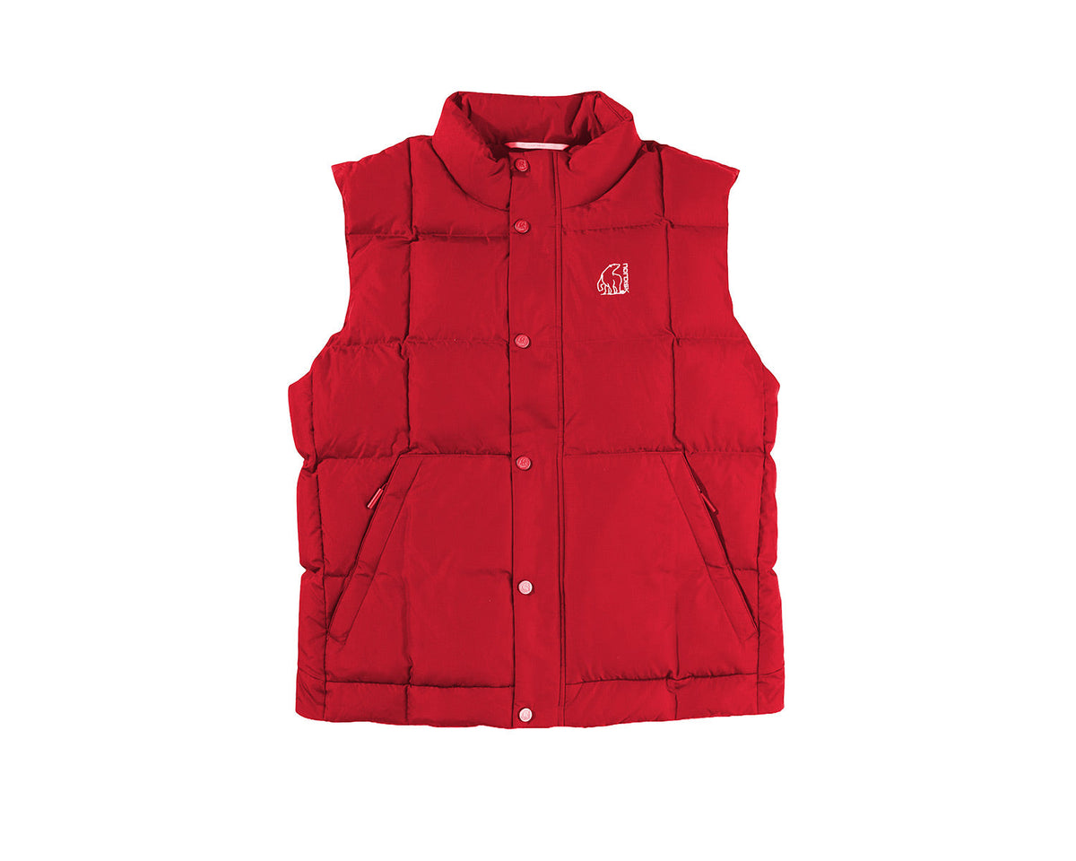 Red puffer vest with a logo on a white background