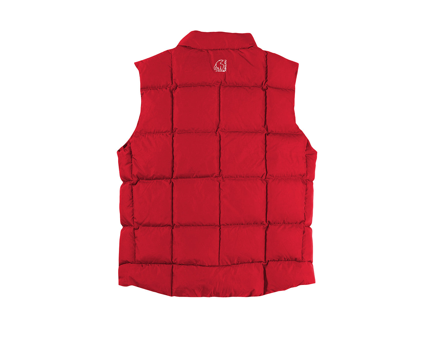 Red puffer vest with a brand logo on a white background